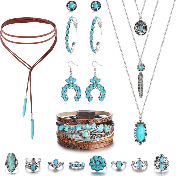 Western Jewelry For Women Bohemian Turquoise Jewelry Set Turquoise Pendant Choke - Picture 1 of 6